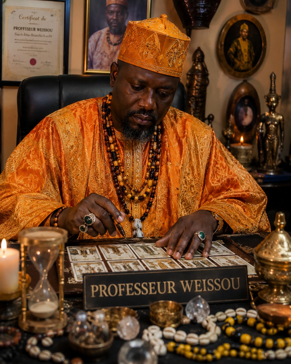 Portrait du Professeur Weissou dans son cabinet de voyance
